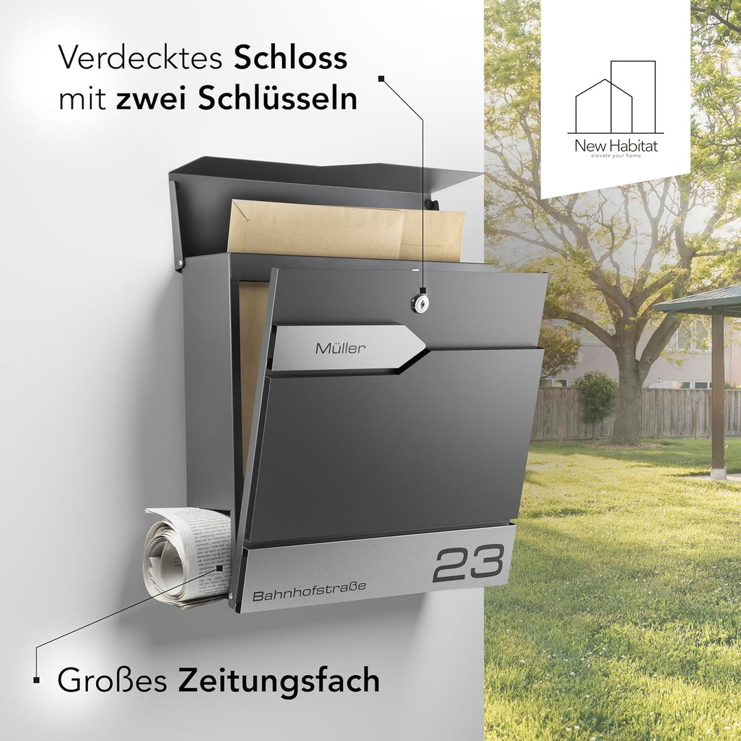 Moderner Briefkasten Personalisierbar Sydney Anthrazit RAL7016 - mit Zeitungsfach - Wandbriefkasten