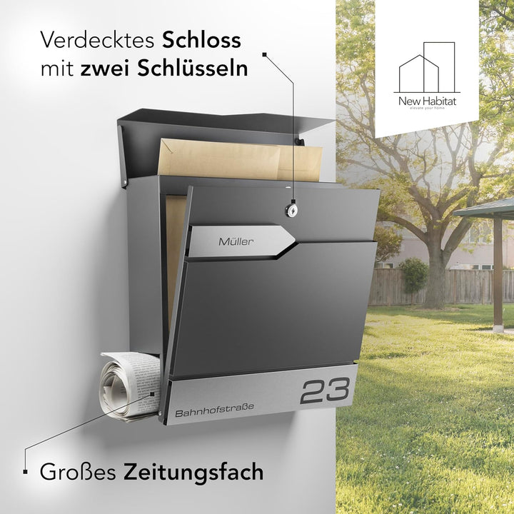 Moderner Briefkasten Personalisierbar Sydney Anthrazit RAL7016 - mit Zeitungsfach - Wandbriefkasten