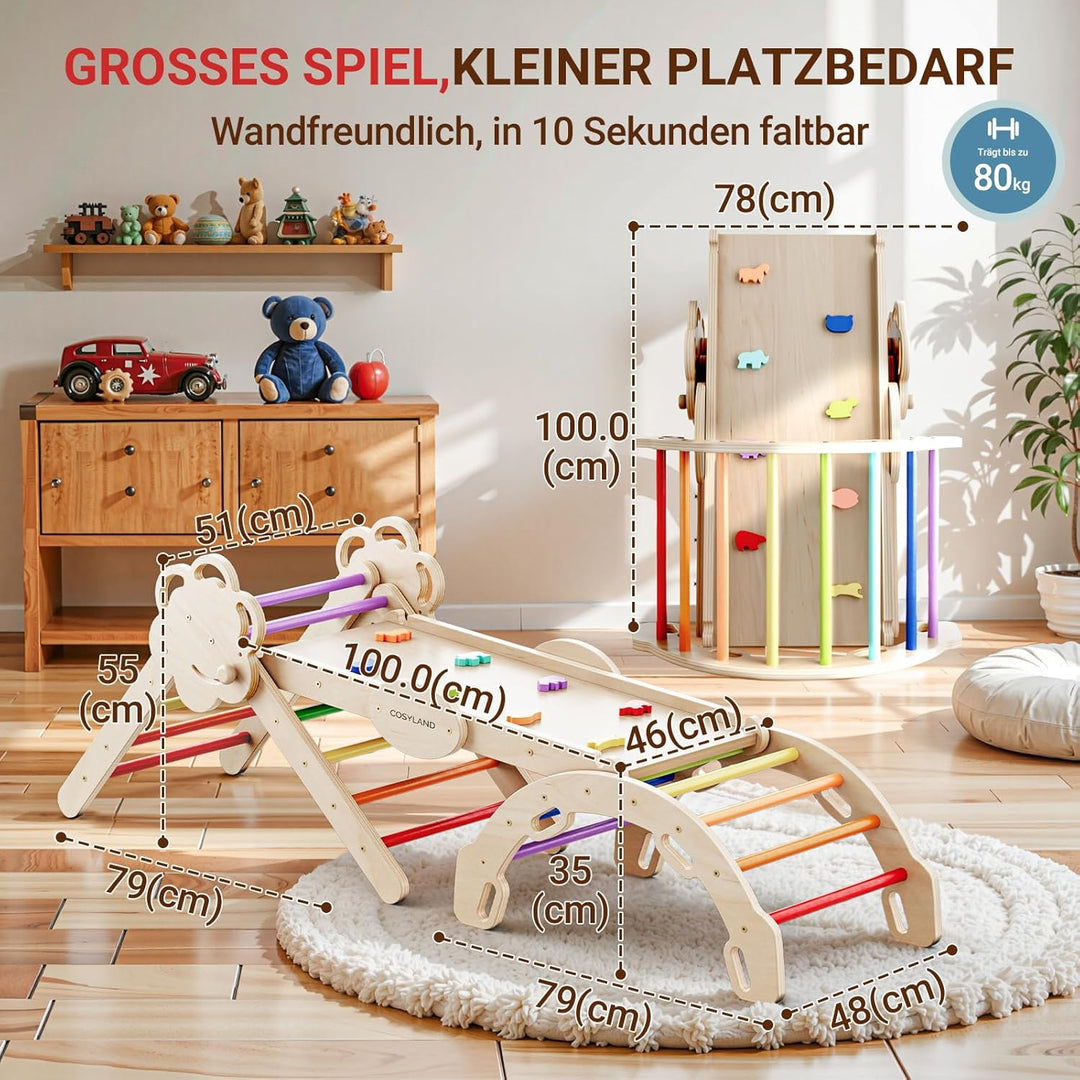 COSYLAND Klettergerüst Indoor L – Grosses Kletterdreieck Set mit Kletterbogen & Rutsche – 8-in-1 Mas