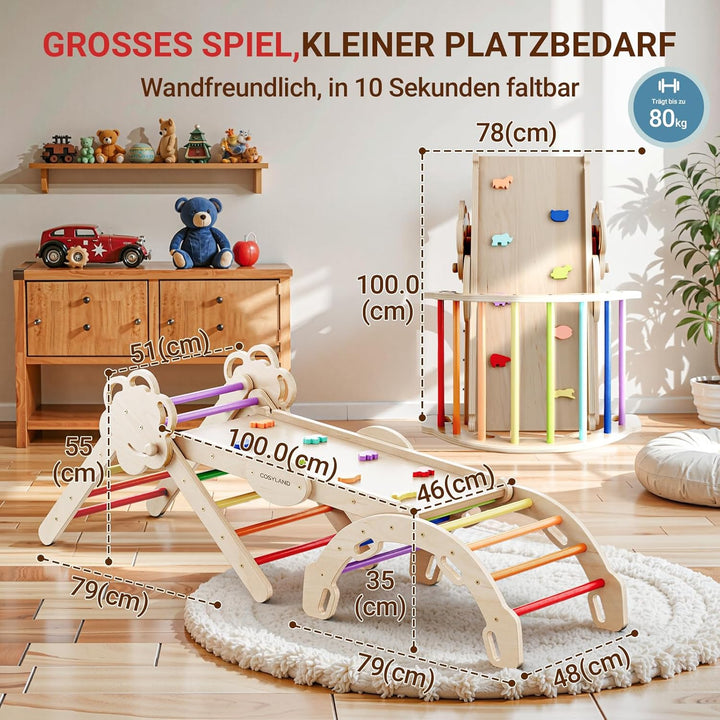 COSYLAND Klettergerüst Indoor L – Grosses Kletterdreieck Set mit Kletterbogen & Rutsche – 8-in-1 Mas