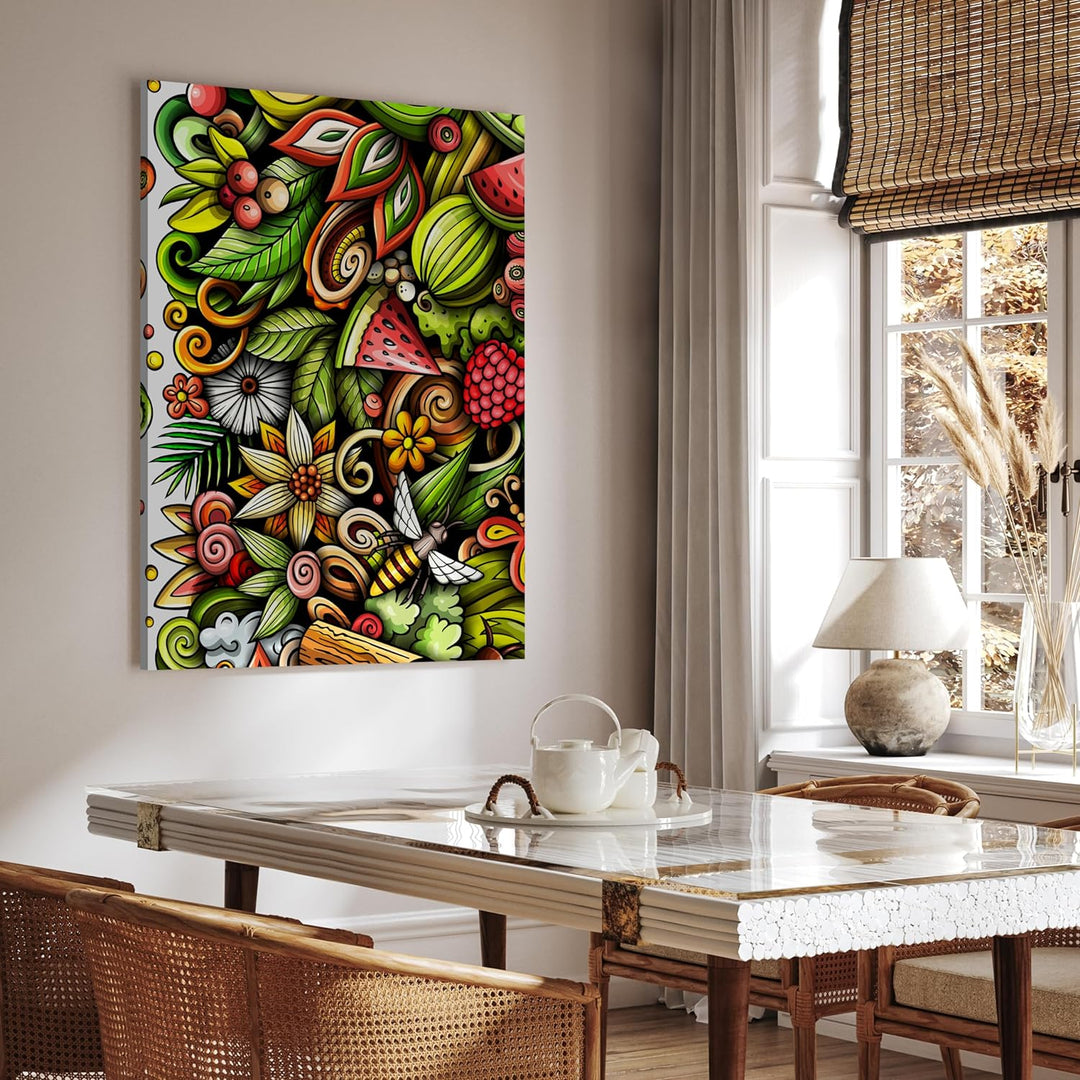 wandmotiv24 Leinwandbild Essen und Trinken, 80x60cm, Hochformat, Melone, Biene, Deko, Bilder auf Lei