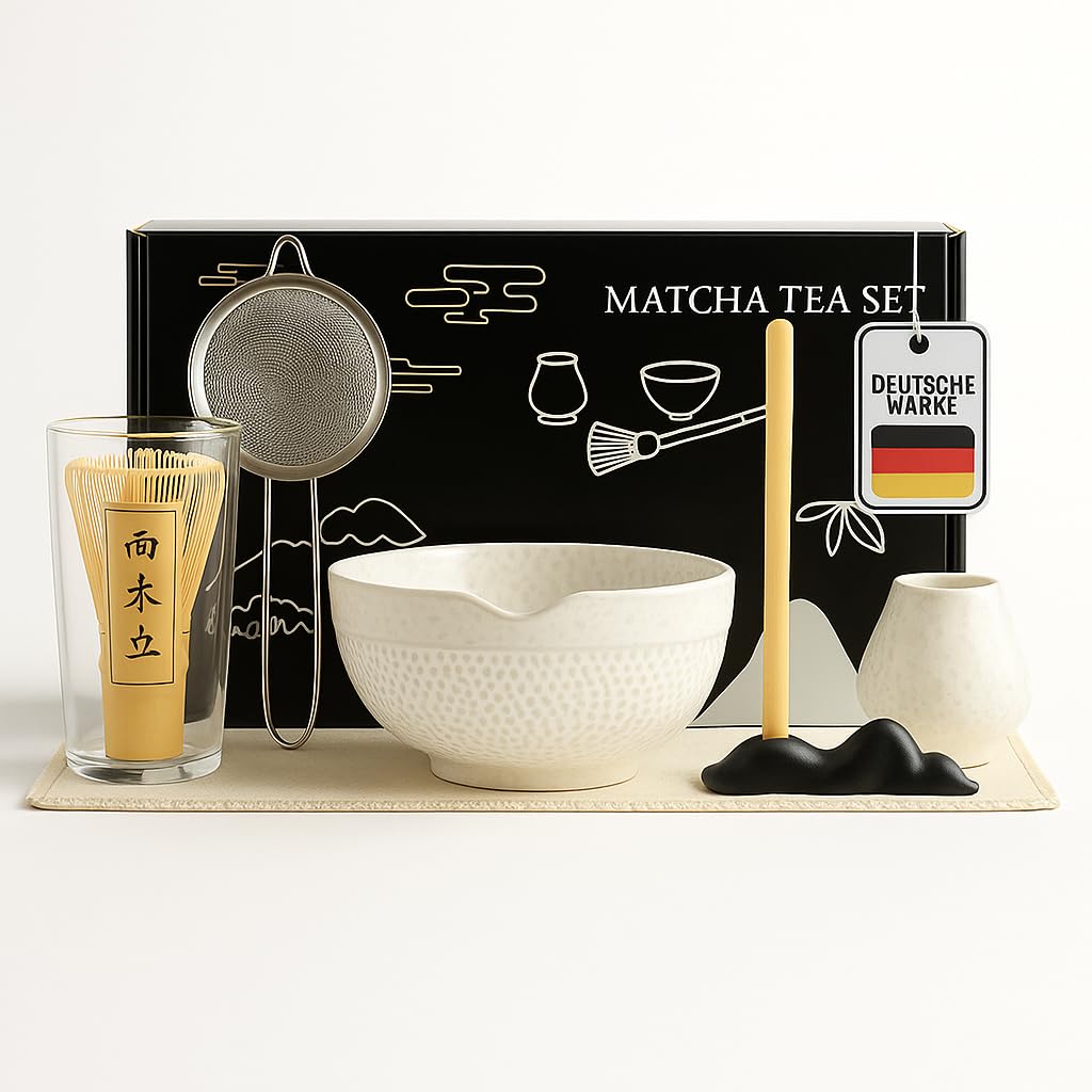 Matcha Set 7-teilig – Premium Tee Set mit Keramik Matcha Schale, Bambus Schneebesen (Chasen), Sieb &