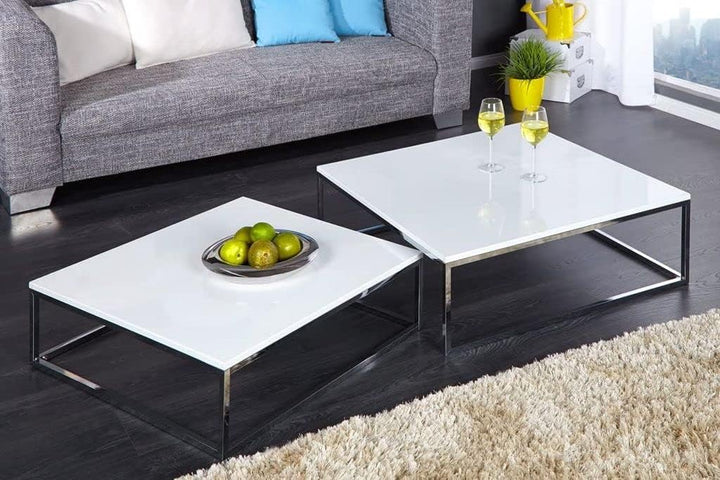 LEBENSwohnART 2er Set Design Couchtisch MENTO Weiss Hochglanz Chromgestell 75/65cm