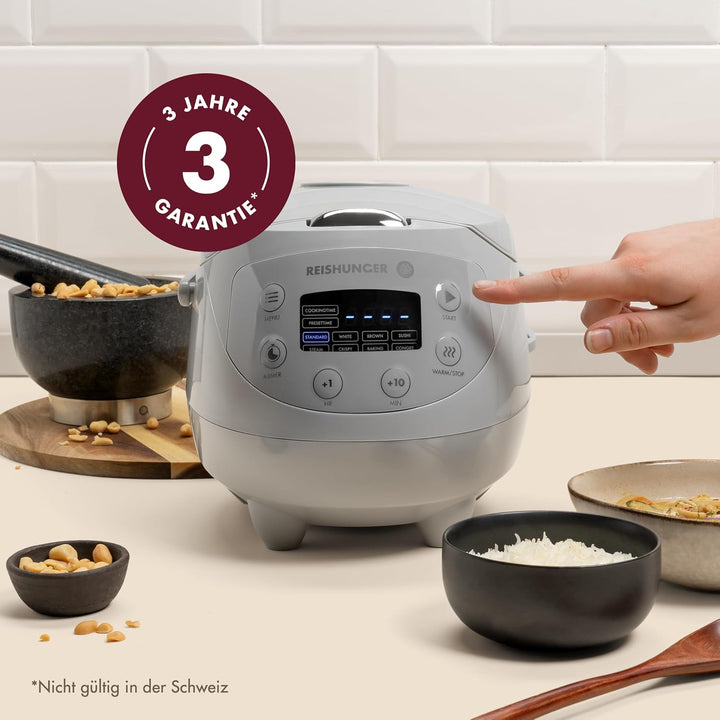 Digitaler Reishunger Mini Reiskocher und Dampfgarer in Grau - Warmhaltefunktion, Timer &amp; Premium Top