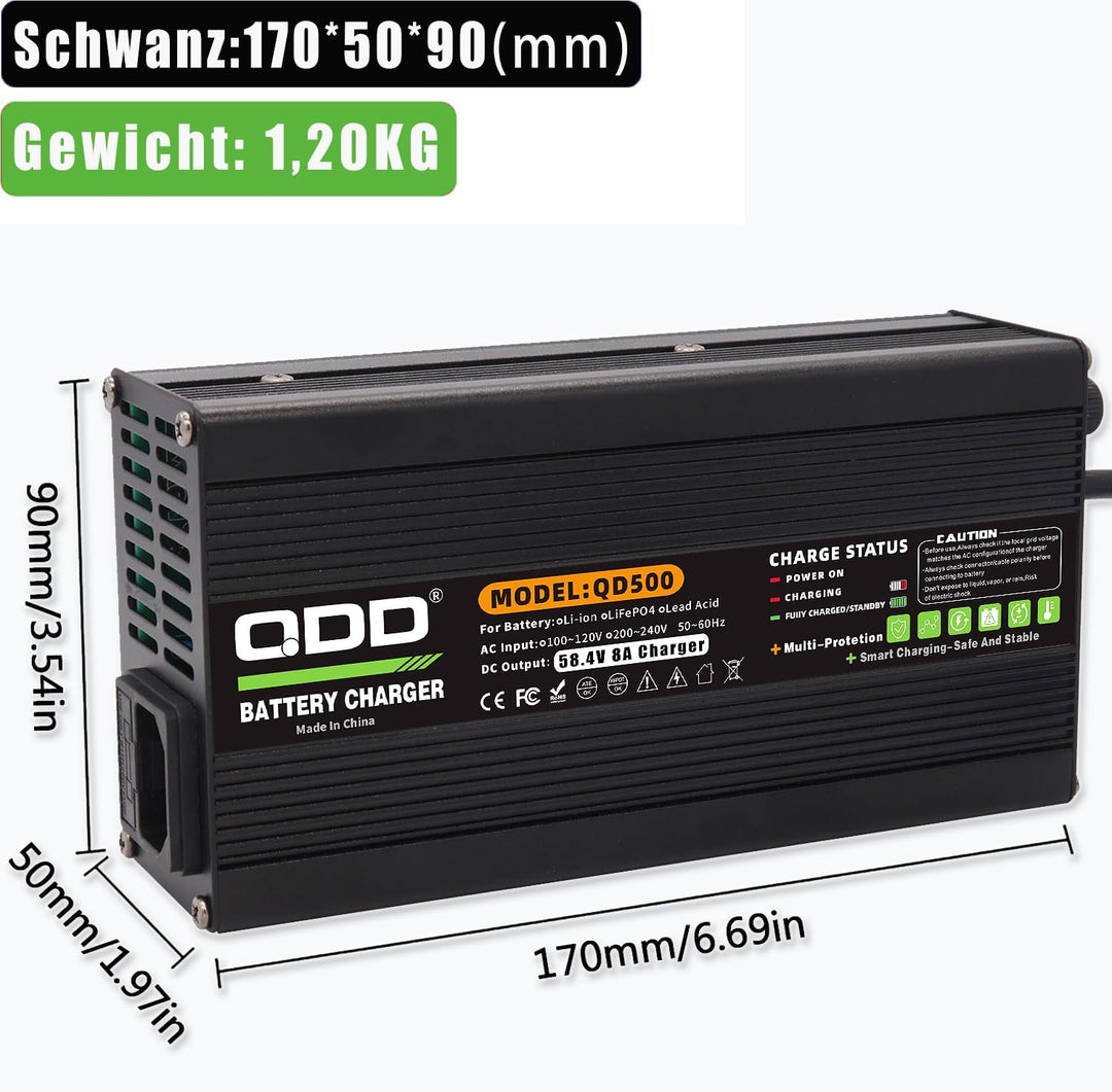 58,4 V 8 A LiFePO4-Ladegerät für LiFePO4 16S 48 V Batterie, Blacklack-Aluminiumgehäuse mit Sicherhei
