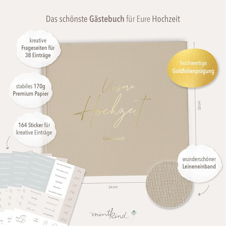 mintkind® Gästebuch Hochzeit zum Ausfüllen Beige inkl. 4 Stickerbögen | 84 Seiten mit Fragen für die