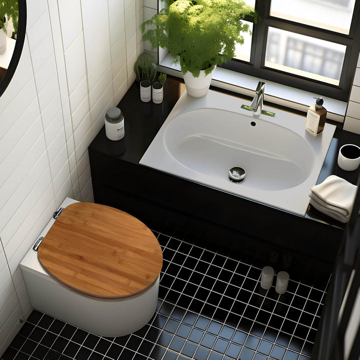 BANJADO Design Toilettensitz aus Bambus, WC-Sitz Holz 45,5x37x5cm, Klodeckel mit Universal Scharnier