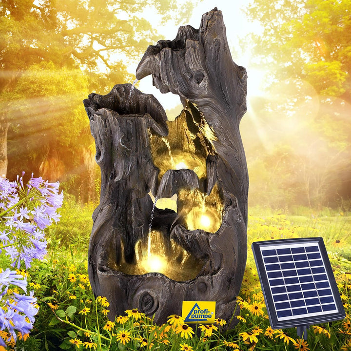 AMUR Solar Gartenbrunnen Brunnen Solarbrunnen Wald-ZAUBER mit LED-Licht, Zierbrunnen Wasserfall Gart