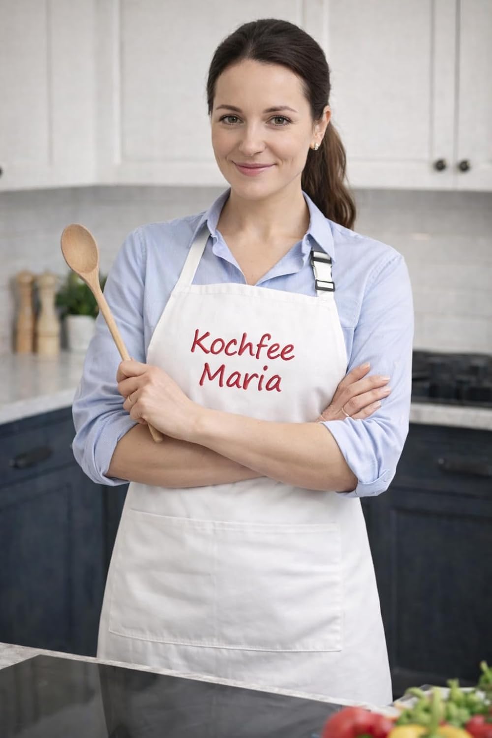 Personalisierte Schürze Bestickt Weiss - 100% Baumwolle - Schürze für Männer & Frauen, verstellbar m