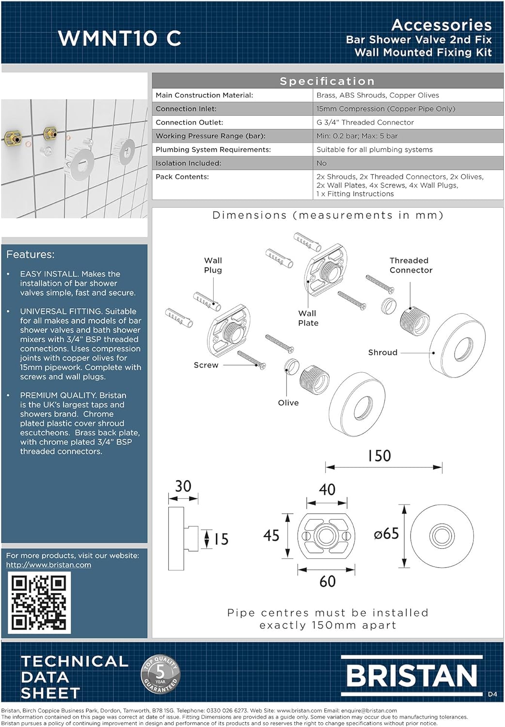 Bristan WMNT10 C Verchromte Wandhalterung, Montagematerial, WMNT10