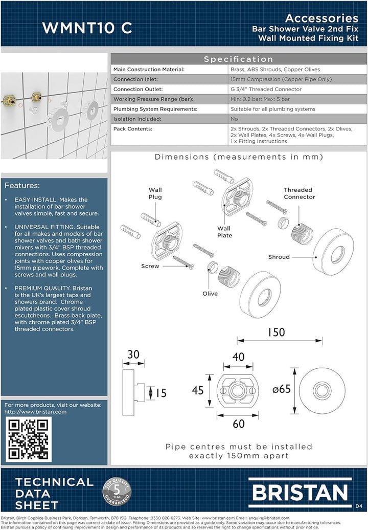 Bristan WMNT10 C Verchromte Wandhalterung, Montagematerial, WMNT10