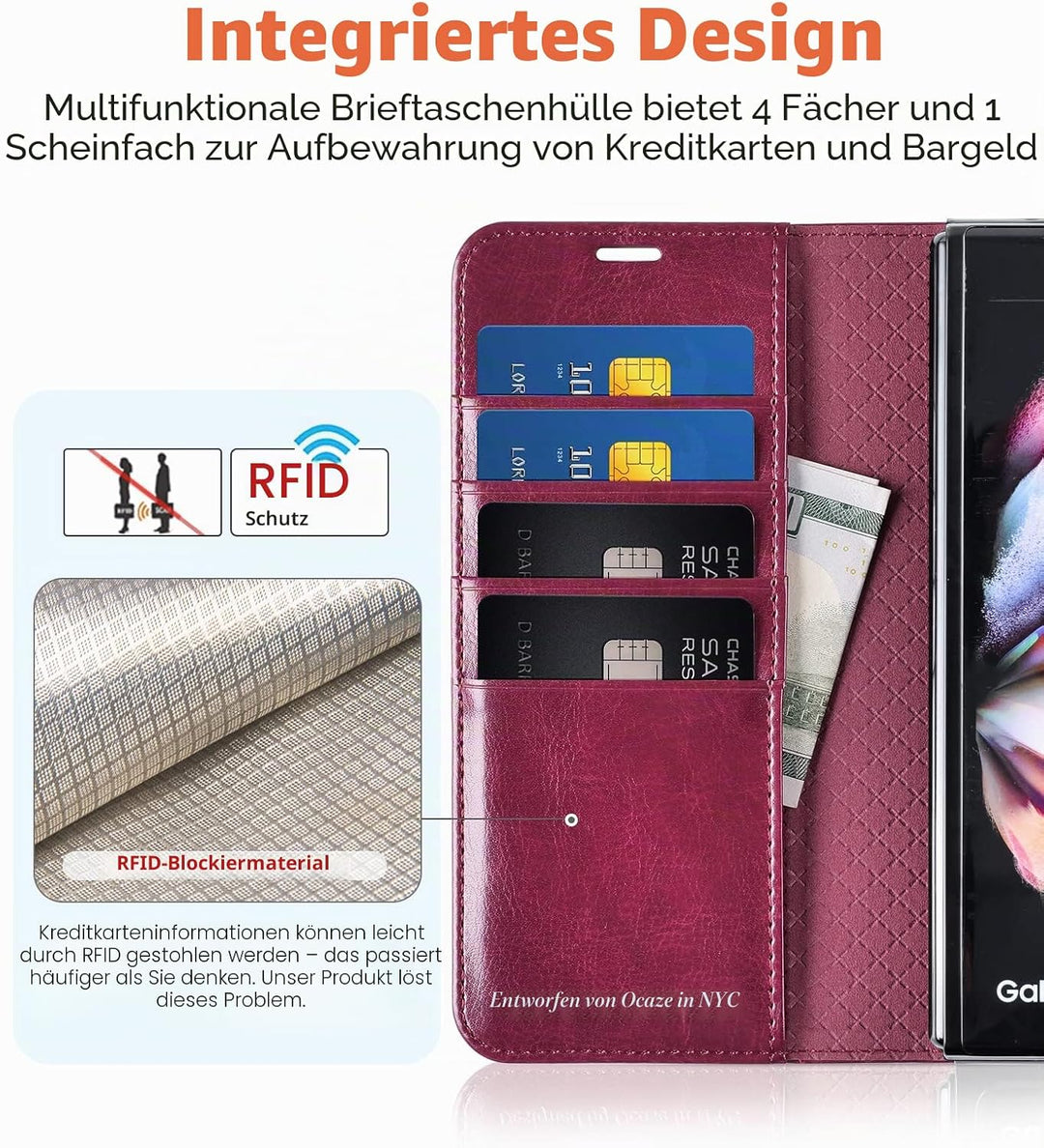OCASE Hülle Samsung Galaxy Z Fold 3 5G Handyhülle mit S Pen Halter [Premium PU Leder] [Kartenfach] C