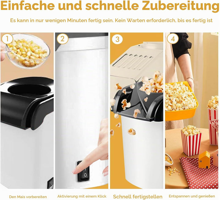 1200w Popcornmaschine, Mini Heissluft Popcorn Maker Gesund Ohne Öl Fett 2 Minuten One-Touch-Bedienun