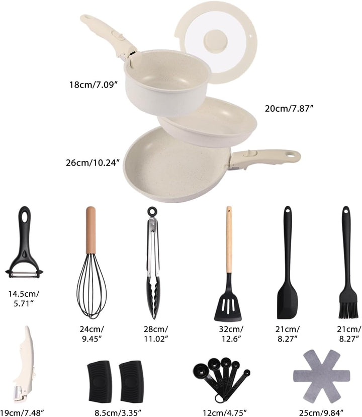 19-Piece Cream White Ceramic Cookware Set with Removable Handles – Non-Stick Frying Pan & Induction