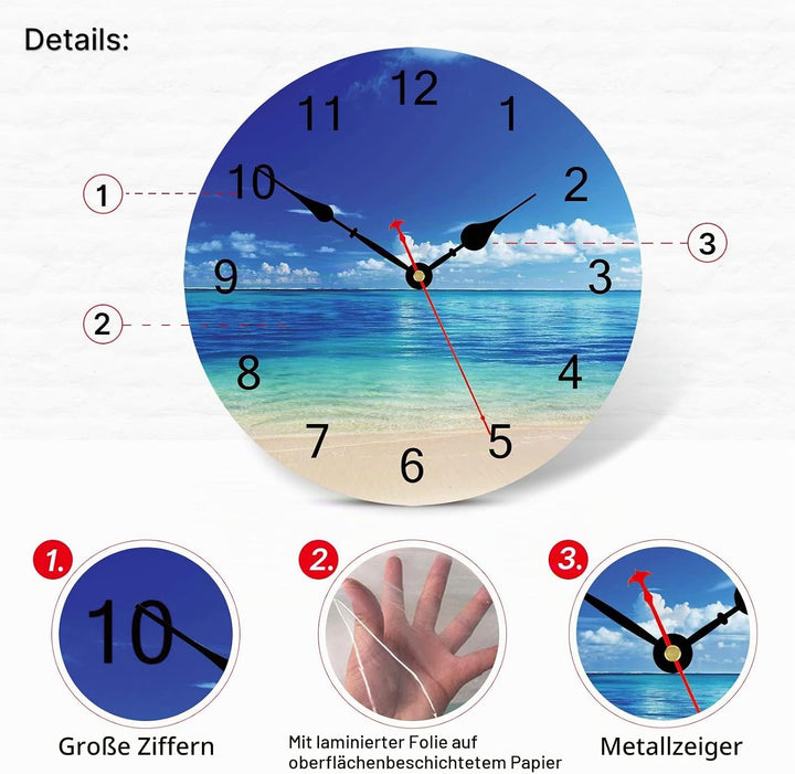 TAHEAT 30 cm Blau Meer Strand Wanduhr, Lautlos Geräuschlos Batteriebetrieben Uhren, Schön Himmel Wol