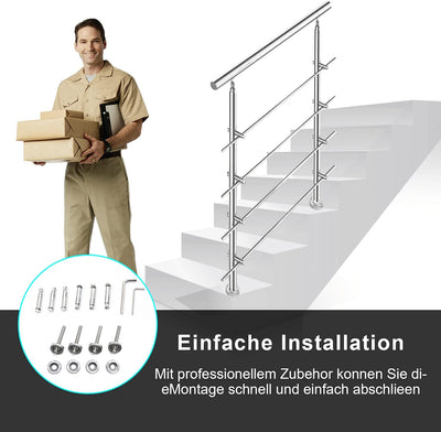 Lospitch Edelstahl-Handlauf Geländer für Balkon Brüstung Treppen mit/ohne Querstreben (80cm, 5 Quers