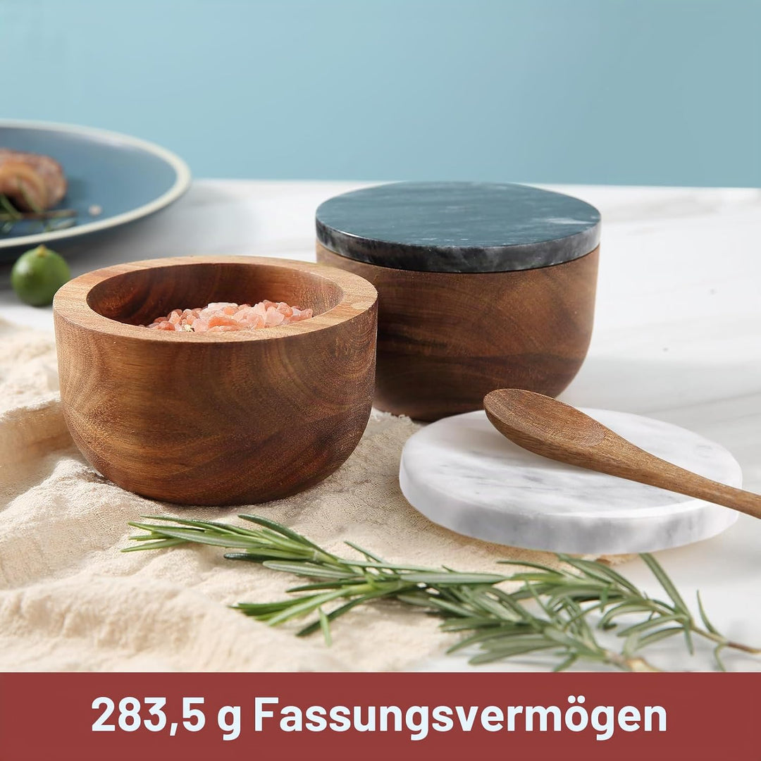 Holz Salz Box Gewürzdose Gewürzbehälter Massiv Natur Akazie Boden Marmor Deckel Elegant Design Deko