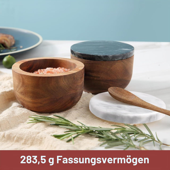 Holz Salz Box Gewürzdose Gewürzbehälter Massiv Natur Akazie Boden Marmor Deckel Elegant Design Deko