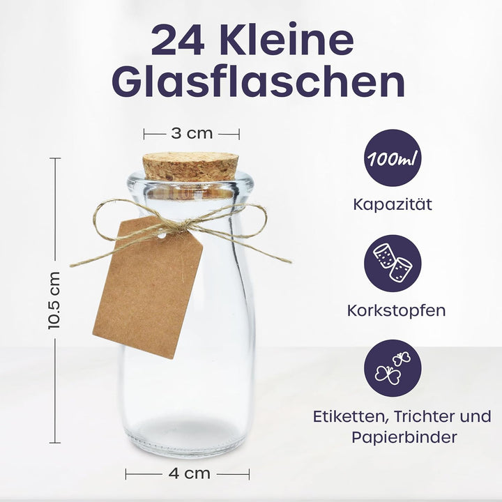 Kleine Glasflaschen zum Befüllen (24 Stk. à 100ml) Glasfläschchen mit Korken, Leere Deko Flaschen id