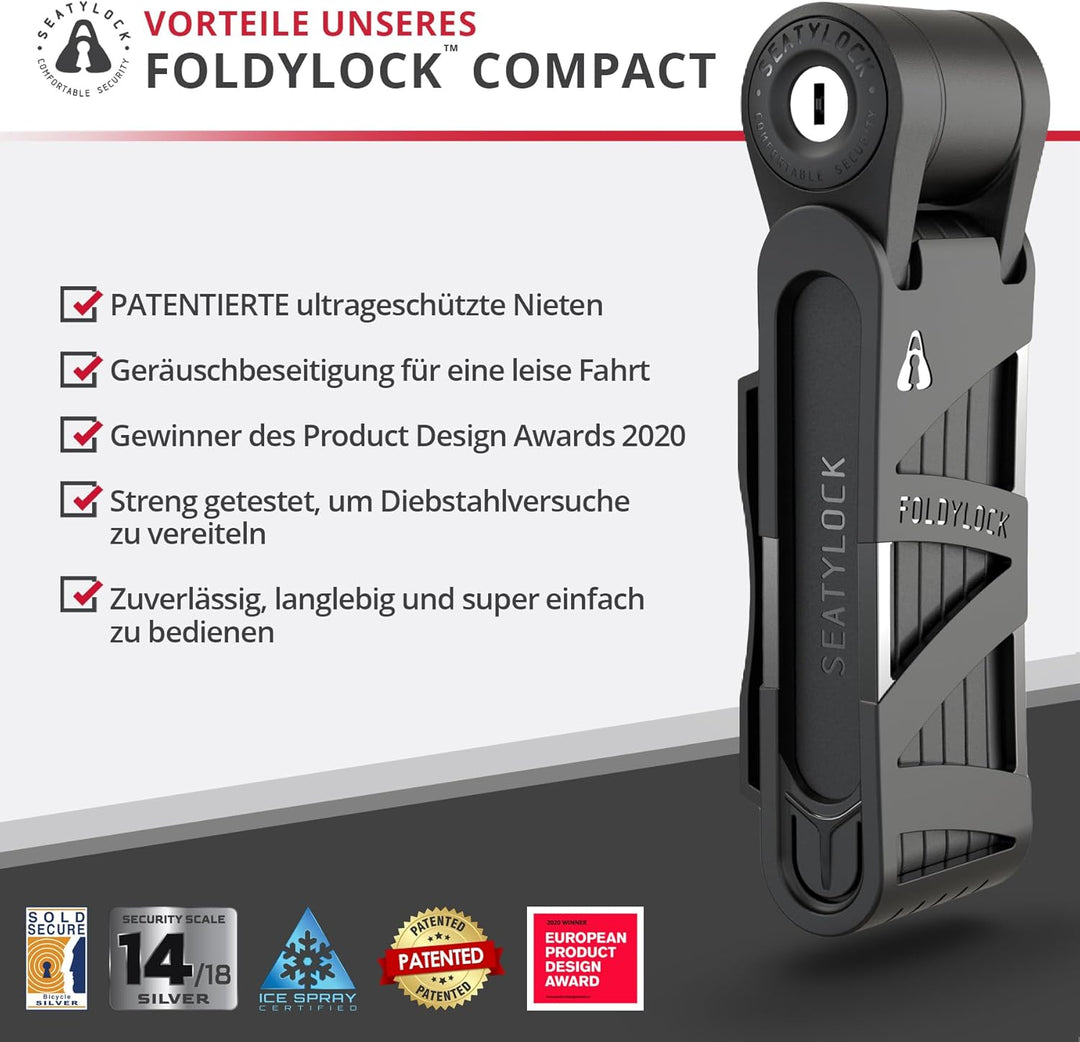 FoldyLock Compact Fahrrad Faltschloss – Patentiertes Testsieger Fahrradschloss mit Schlüssel und Hal
