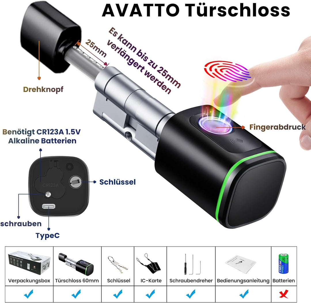 AVATTO Smart Türschloss mit Fingerabdruck, Elektronisches SchliessZylinder 60mm (30/30) mit 2 Schlüs