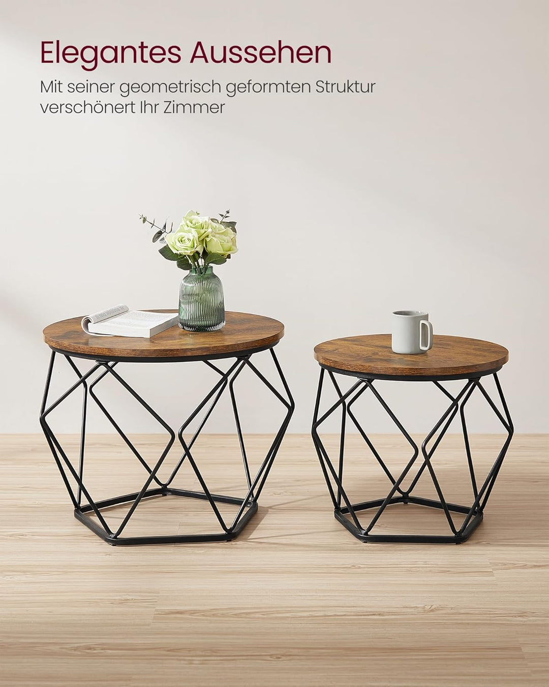 VASAGLE Couchtisch rund, 2er Set, Wohnzimmertisch, Beistelltisch, Vintage-Flair, abnehmbare Tischpla