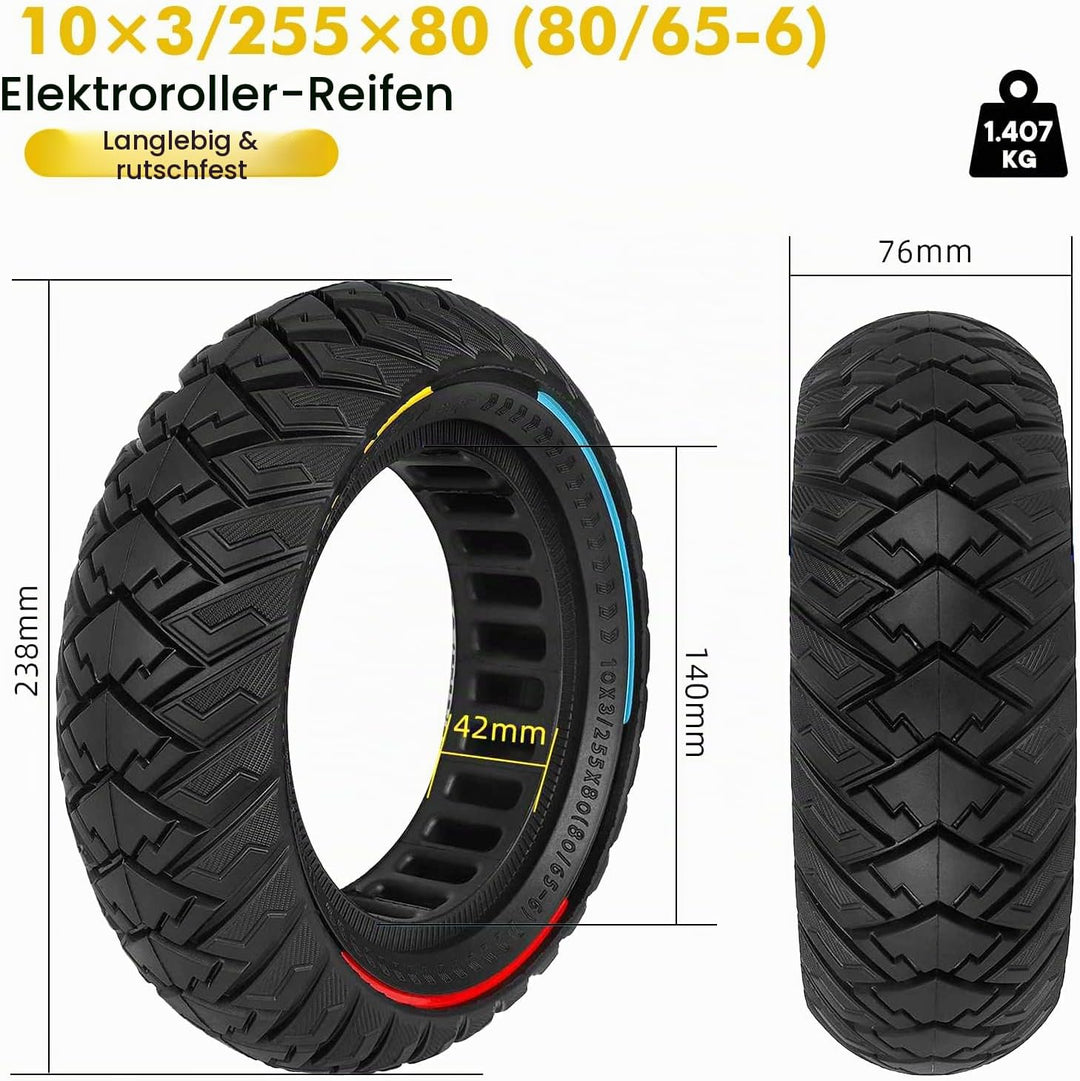10 x 3 Zoll E Scooter Solid Reifen，255 x 80 (80/65-6) Vollgummireifen für Kukirin G3/Kaabo Wolf Warr