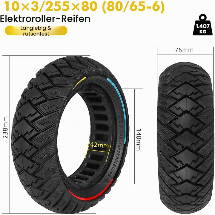 10 x 3 Zoll E Scooter Solid Reifen，255 x 80 (80/65-6) Vollgummireifen für Kukirin G3/Kaabo Wolf Warr