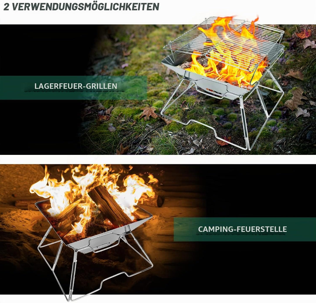 Odoland Faltbarer Lagerfeuer-Grill, Camping-Feuerstelle mit Tragetasche, 304 Edelstahl, Grilltor, ro