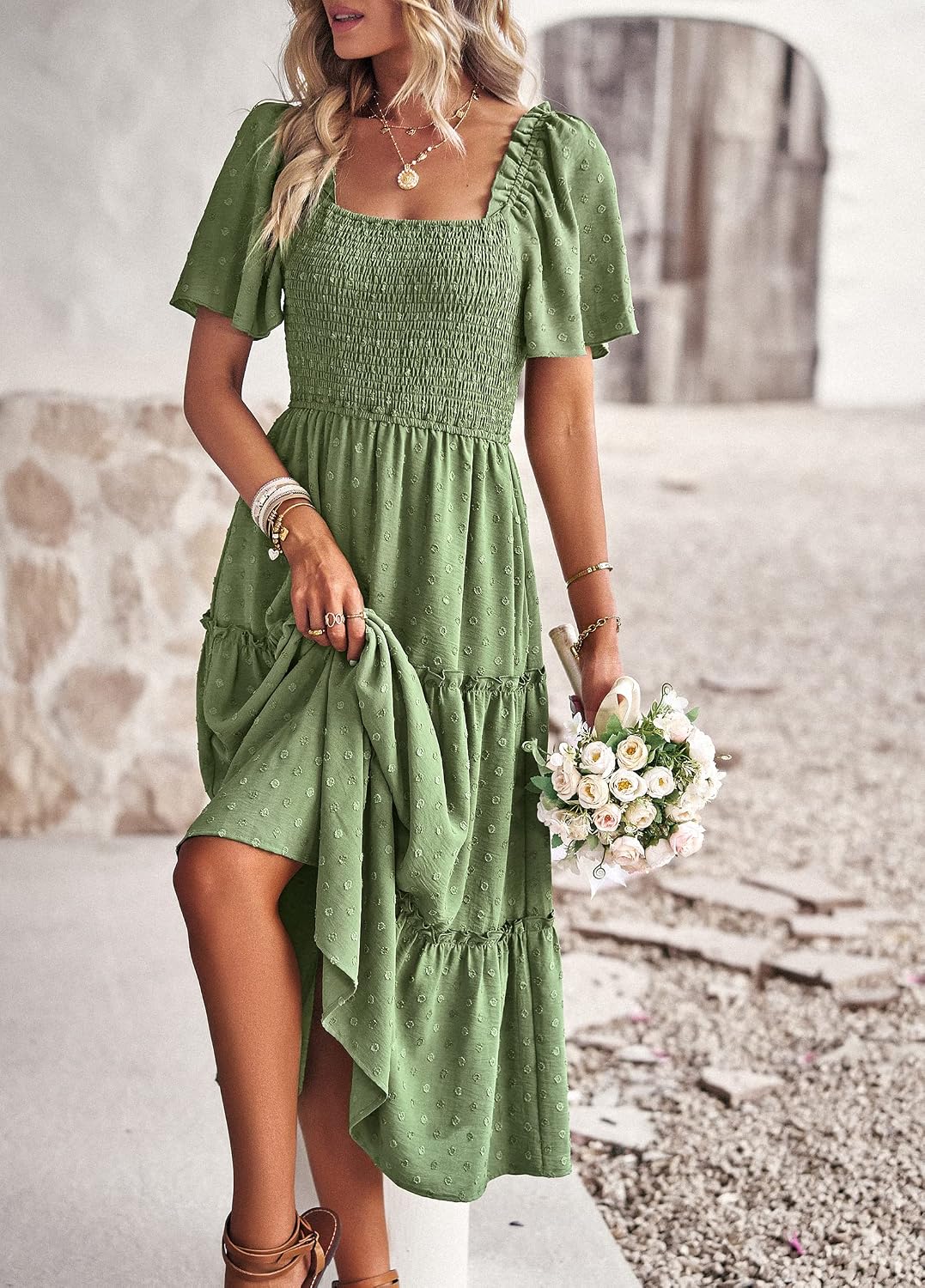 Damen Smocked Midi Kleid Kurzarm U-Ausschnitt Sommerkleid A-Linie Maxikleid Cocktail XL Grün, XL Grü