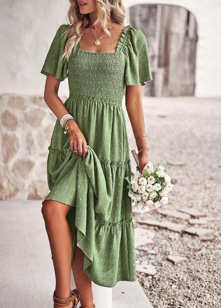 Damen Smocked Midi Kleid Kurzarm U-Ausschnitt Sommerkleid A-Linie Maxikleid Cocktail XL Grün, XL Grü