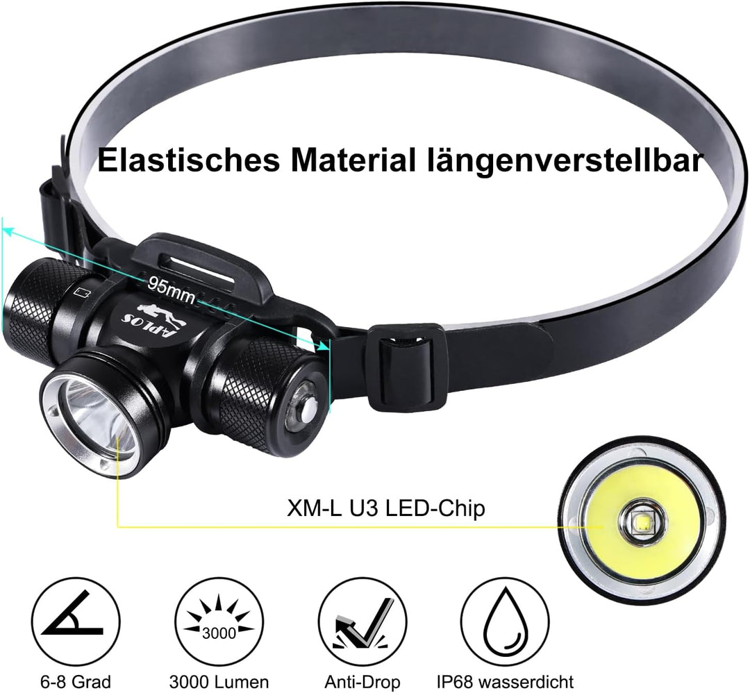 APLOS H900 Wiederaufladbare Taucher Stirnlampe - 3000 Lumen Unterwasser 60M wasserdichte Schwimm Sti