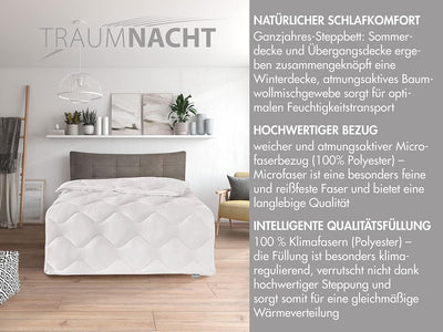 Traumnacht Cozy - Bettdecke 4-Jahreszeiten mit Druckknöpfen für alle Jahreszeiten, 200 x 200 cm, Öko