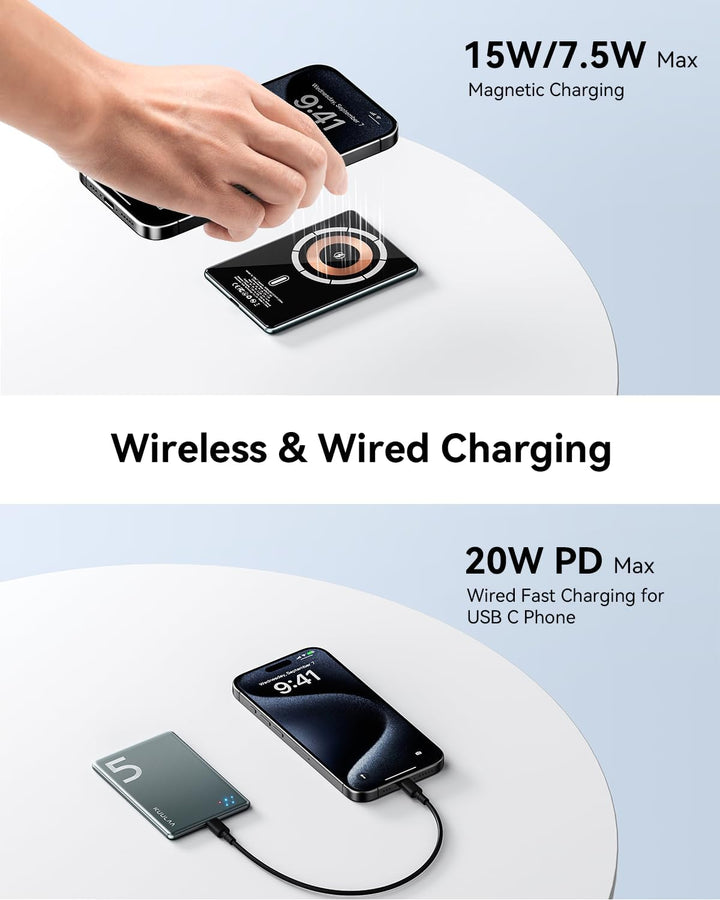 Kuulaa Ultra Slim Magsafe PowerBank,5000mAh Wireless Power Bank mit Type C 20W Output External Batte