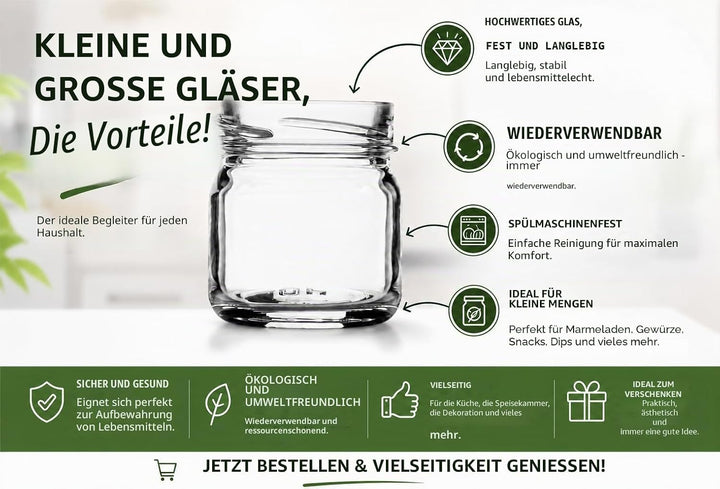 made in home - Mini Gläser 40 ml, Einmachglas, Gewürzgläser mit Schraubdeckel, Sturzglas, Probierglä