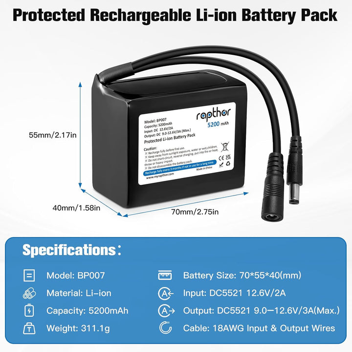 Rapthor Wiederaufladbarer 12V 5200mAh Lithium-Ionen-Akku mit 12,6V 2A Schnellladegerät und DC5521-An