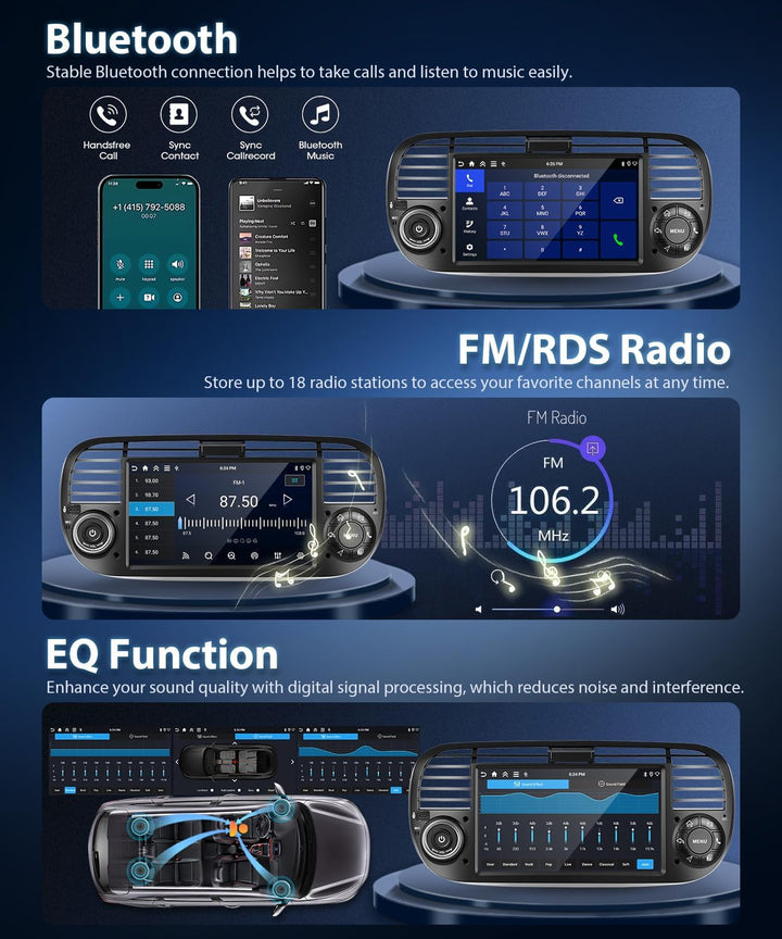 4GB+64GB Autoradio für FIAT 500 2007-2015 mit Wireless Carplay/Android Auto, 7 Zoll Car Stereo mit G