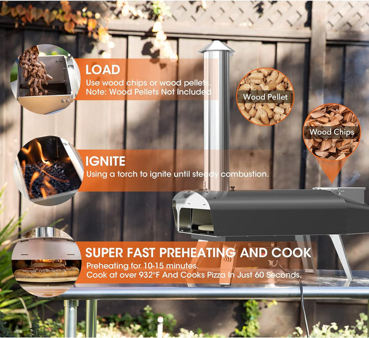 Mimiuo Outdoor Pizzaofen, Pelletofen für den Garten mit automatischem Drehsystem, Holzofen mit Pizza