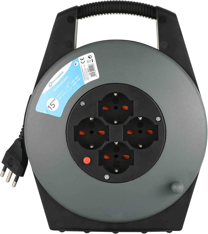 Electraline 49029 Kabeltrommel, 4 Universalsteckdosen, 15 Meter, Grau/Blau 15 Metri Einziehbar, 15 M