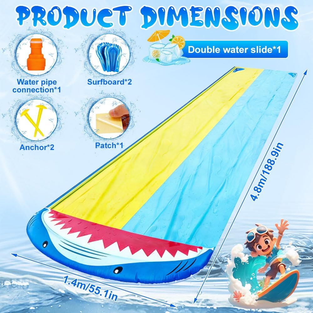 Double Wasserrutsche, 15.7ft x 55.1in Rutschbahn Outdoor Wasser mit 2 Bodyboards, Wassersprüher, Was
