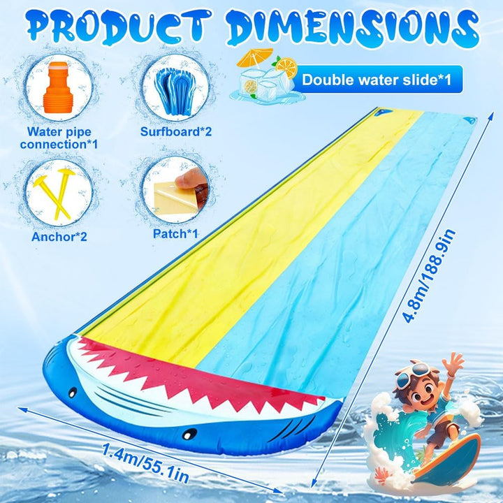 Double Wasserrutsche, 15.7ft x 55.1in Rutschbahn Outdoor Wasser mit 2 Bodyboards, Wassersprüher, Was