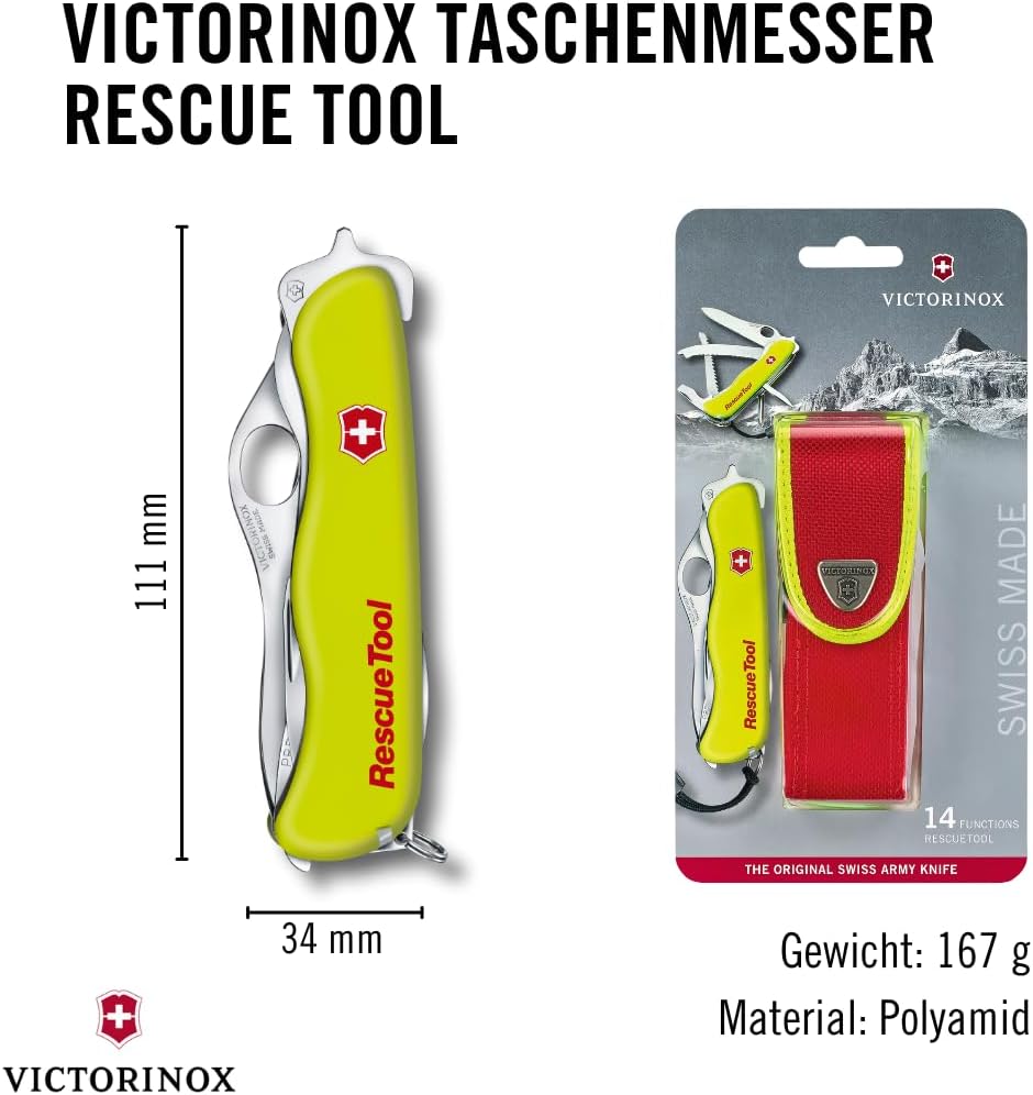 Victorinox Schweizer Taschenmesser Rescue Tool, Swiss Army Knife, 14 Funktionen, Frontscheibensäge,