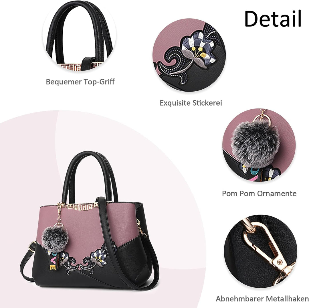 Damen Handtasche Mode Stickdesign Schultertasche Grosse Kapazität Umhängetasche Casual Reise Handtas
