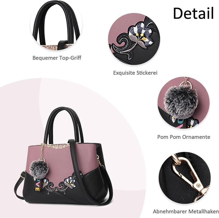 Damen Handtasche Mode Stickdesign Schultertasche Grosse Kapazität Umhängetasche Casual Reise Handtas