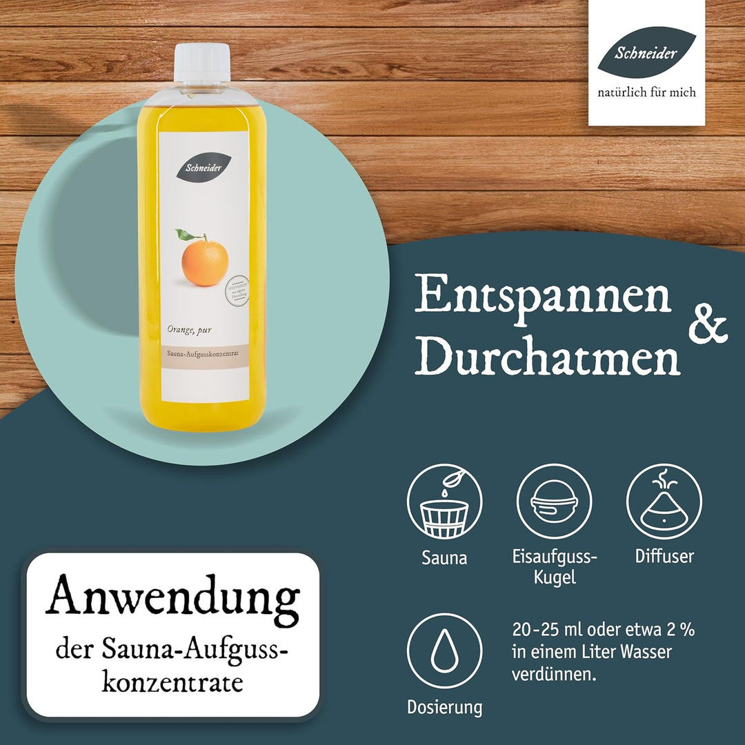 Saunabedarf Schneider - Aufgusskonzentrat Orange Pur - fruchtig-warmer Saunaaufguss - 250ml Inhalt O