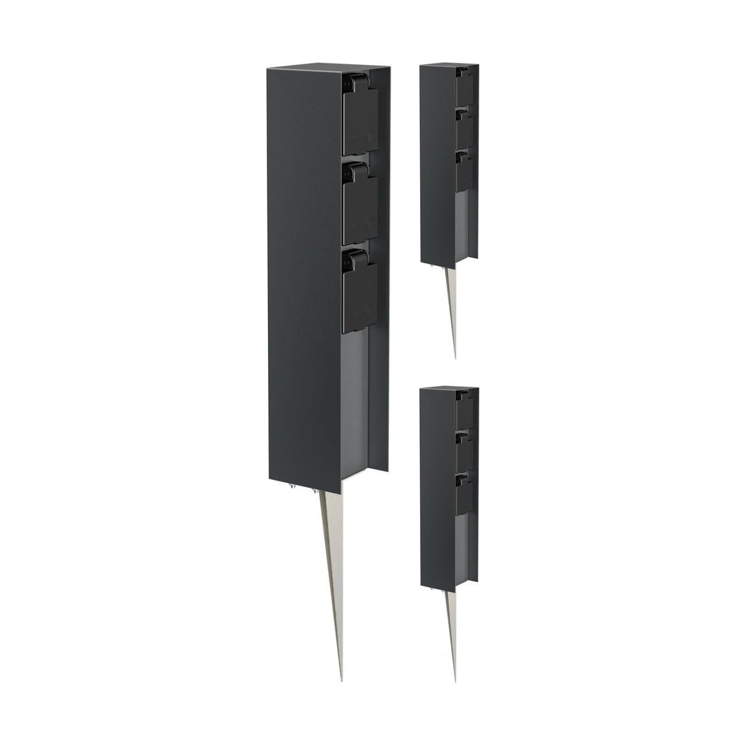 ledscom.de 3 Stück Garten-Steckdosen-Säule POMI mit Erdspiess für aussen, IP44, 3-Fach, anthrazit, e