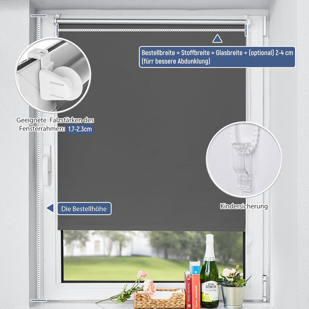 Verdunklungsrollo Klemmfix Rollo ohne Bohren Dunkelgrau B40 x H100cm-Stoffbreite 35cm Fenster Verdun