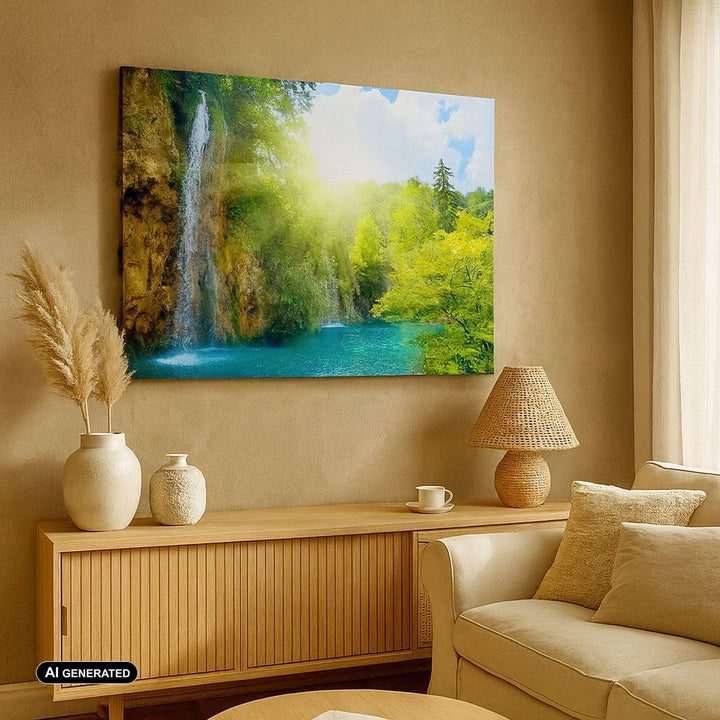 Bilder auf Leinwand 100x70cm Leinwandbild Wasserfall Forrest Himmel Gross Wanddeko Bild Schlafzimmer