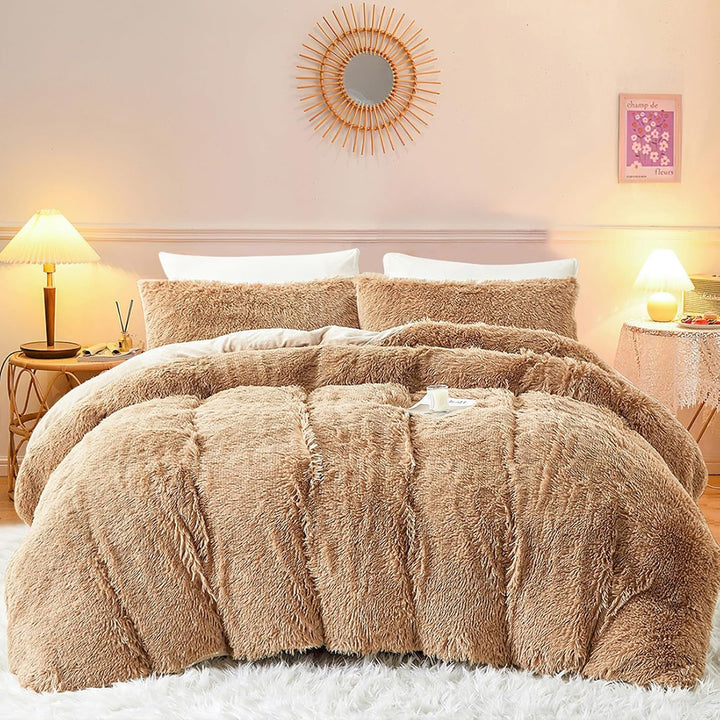 Freyamy Plüsch Bettwäsche 155x220cm Winter Khaki Langhaar Kunstfell Flanell Winterbettwäsche Samt Bi