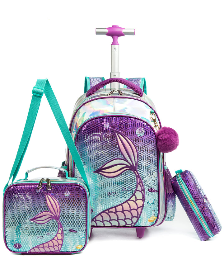 HTgroce Schulranzen mit Rollen für Mädchen, Kinderrucksack mit Rollen 3-in-1Trolley Schulrucksack fü